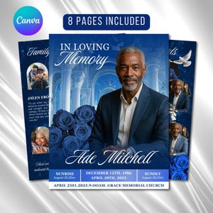 May include: A memorial service template with a blue and white design. The central image features a man in a suit, with text that reads "In Loving Memory" and "Ade Mitchell." Additional text includes dates and the phrase "8 Pages Included."