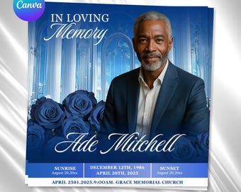 Blue Roses Funeral Announcement Flyer: Celebration of Life Invitation (Canva Template, Digital Download, 8x8")