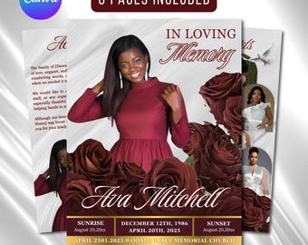 Red Roses Funeral Program Template: 8-Page Memorial (Canva, Digital Download)