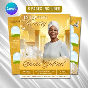 May include: A memorial card design with a golden yellow background. The design includes the text "In Loving Memory" and "Sarah Gabriel". The card features a photo of a woman wearing a white head covering and a white top. The design includes white roses and a dove.