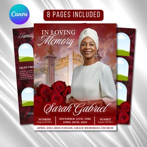 Red Roses Funeral Program Template: 8-Page Memorial (Canva, Digital Download)