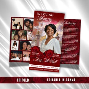 Peut inclure: Une carte de deuil pliée en trois avec un portrait de femme, des roses et le texte "In Loving Memory". La carte comprend des photos de famille et des détails nécrologiques. Le design présente un code couleur rouge et blanc.