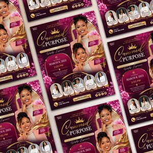 May include: A collection of flyers with a burgundy and gold color scheme, promoting an International Women's Day event. The flyers feature images of women, event details, and the text "Crowned in Purpose".