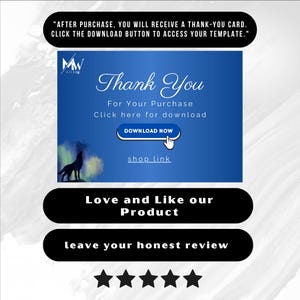 May include: A digital thank you card with a blue background and white text. The card says "Thank You For Your Purchase" and includes a download button. A silhouette of a wolf howling at the moon is in the background. The card also includes a shop link.