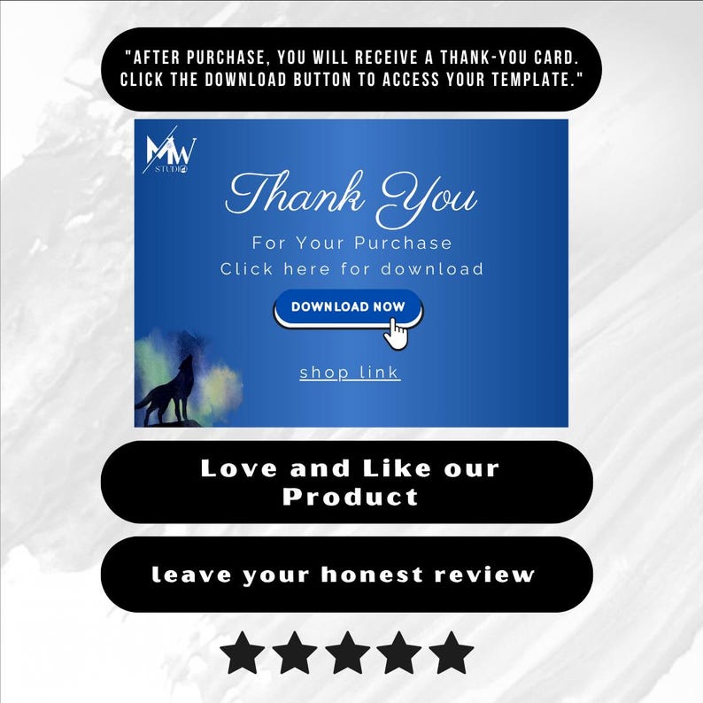May include: A digital thank you card with a blue background and white text. The card says "Thank You For Your Purchase" and includes a download button. A silhouette of a wolf howling at the moon is in the background. The card also includes a shop link.