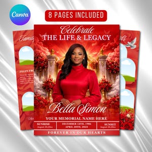 May include: A memorial template with a red and white color scheme. The design features a woman in a red dress, floral arrangements, and the text "Celebrate The Life & Legacy." The template includes the text "Bella Simon" and "Forever in Our Hearts."