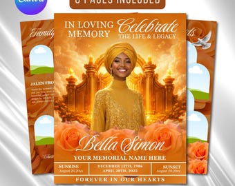 Orange Funeral Program Template: 8-Page Memorial (Canva, Digital Download)