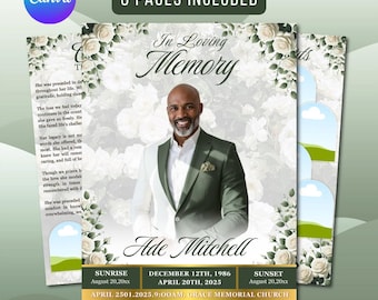 Green & White Funeral Program Template: 8-Page Memorial (Canva, Digital Download)