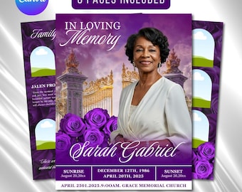 Purple Roses Funeral Program Template: 8-Page Memorial (Canva, Digital Download)