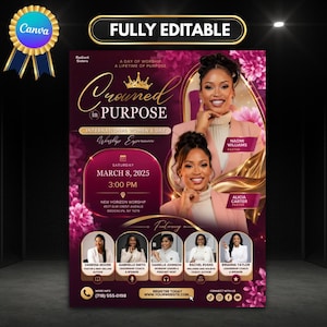 May include: A promotional poster for an International Women's Day Worship Experience. The design features the text "Crowned in Purpose" with images of women and floral accents. The event is scheduled for March 8, 2025, at 3:00 PM.
