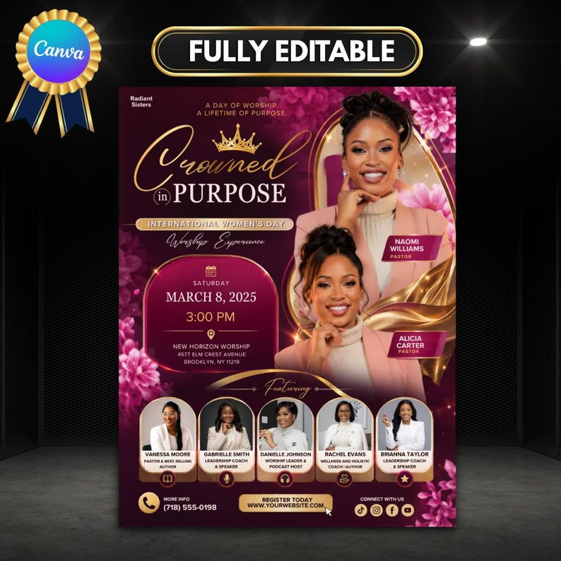 May include: A promotional poster for an International Women's Day Worship Experience. The design features the text "Crowned in Purpose" with images of women and floral accents. The event is scheduled for March 8, 2025, at 3:00 PM.