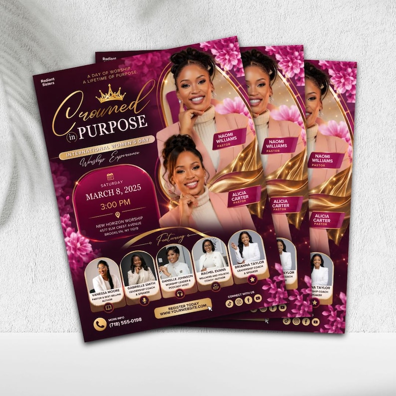 May include: A stack of flyers with a purple and gold design, promoting an International Women's Day event. The flyers feature images of women, event details, and the text "Crowned in Purpose".