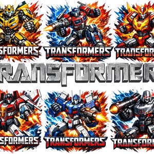 Peut inclure: Six illustrations dynamiques de robots Transformers en action, armés et en mouvement. Les illustrations présentent des effets de feu et d'électricité, avec le mot "TRANSFORMERS" en gras.