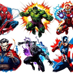 May include: Six vibrant illustrations of Marvel superheroes: Spider-Man, Hulk, Iron Man, Doctor Strange, Black Panther, and Captain America. Each character is shown in dynamic action poses with bold colours and detailed artwork, ideal for comic book and superhero enthusiasts.