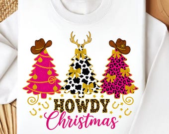 Howdy Christmas PNG, Western Cowgirl Christmas Trees PNG, Pink Leopard Xmas Bow Design, Cute Country Holiday Sublimation File