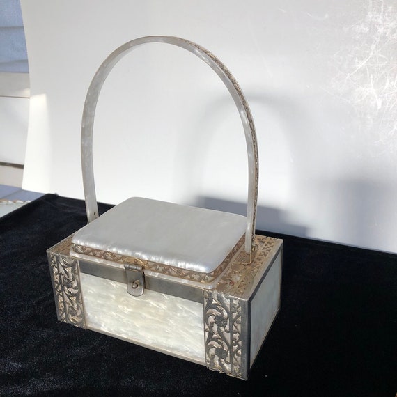 Vintage Tyrolean Lucite Pearlescent White Box Hand