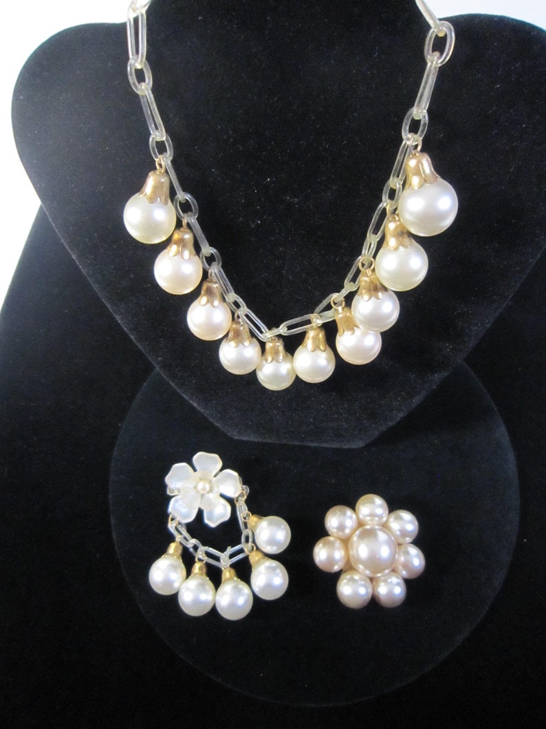 Vintage Necklace Celluloid and Faux Pearl Jewelry Trio with Two Pins