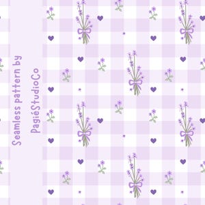 May include: A seamless digital pattern featuring a light purple and white gingham check background. The design includes repeating illustrations of lavender sprigs tied with purple bows, small purple hearts, and tiny purple flowers. Text reads Seamless pattern by PagiéStudioCo.