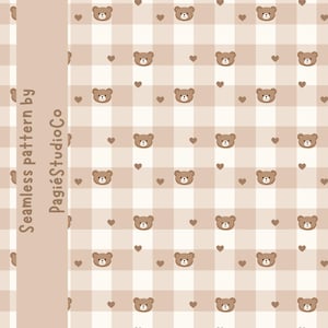 May include: A seamless pattern featuring a light beige and white checkered background with repeating brown teddy bear faces and small brown hearts. A vertical tan bar on the left side contains the text Seamless pattern by PagiéStudioCo.