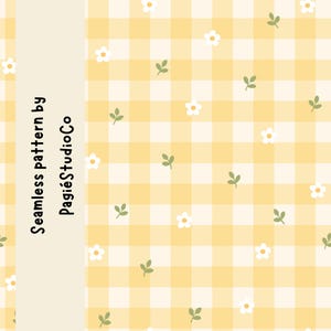 Peut inclure: Un motif sans couture présentant un fond à carreaux vichy jaune et crème avec de petites fleurs blanches et des feuilles vertes éparpillées. Le texte Seamless pattern by PagiéStudioCo est imprimé verticalement sur une bande latérale crème.