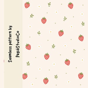 May include: A seamless pattern featuring red strawberries, small white flowers, and green leaves on a light cream background. The text "Seamless pattern by PagiéStudioCo" is printed vertically in black on the left side of the image.