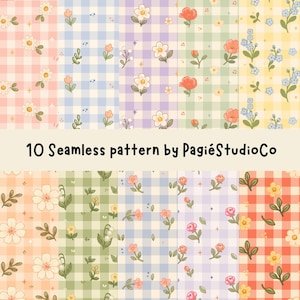 May include: A collection of 10 seamless patterns featuring gingham backgrounds in various pastel colors, decorated with small floral illustrations and tiny star accents. The text 10 Seamless pattern by PagiStudioCo is centered on a cream banner.
