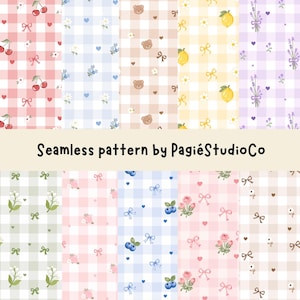 May include: A collection of ten seamless patterns featuring gingham backgrounds in various pastel colours, decorated with small illustrations of cherries, bears, lemons, lavender, flowers, and bows. The text Seamless pattern by PagiéStudioCo is visible.