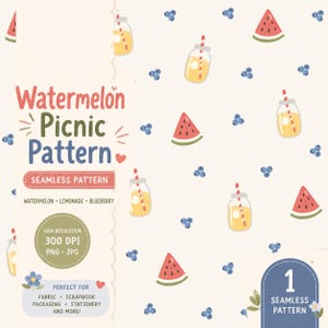 Motivo senza soluzione di continuità con picnic di anguria, carta digitale con frutta estiva (download digitale)