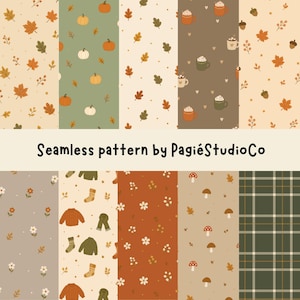 Könnte beinhalten: Eine Sammlung von zehn nahtlosen digitalen Mustern mit herbstlichen Motiven wie orangefarbenen Kürbissen, Blättern, Eicheln, Tassen, Pullovern, Socken, Schals, weißen Blumen, Pilzen und einem dunkelgrünen Karomuster mit dem Text Seamless pattern.