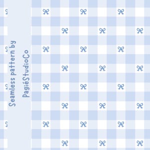 May include: A seamless digital pattern featuring a light blue and white gingham check background with small, evenly spaced blue bow icons. The text "Seamless pattern by PagiéStudioCo" is printed vertically along the left side of the image.