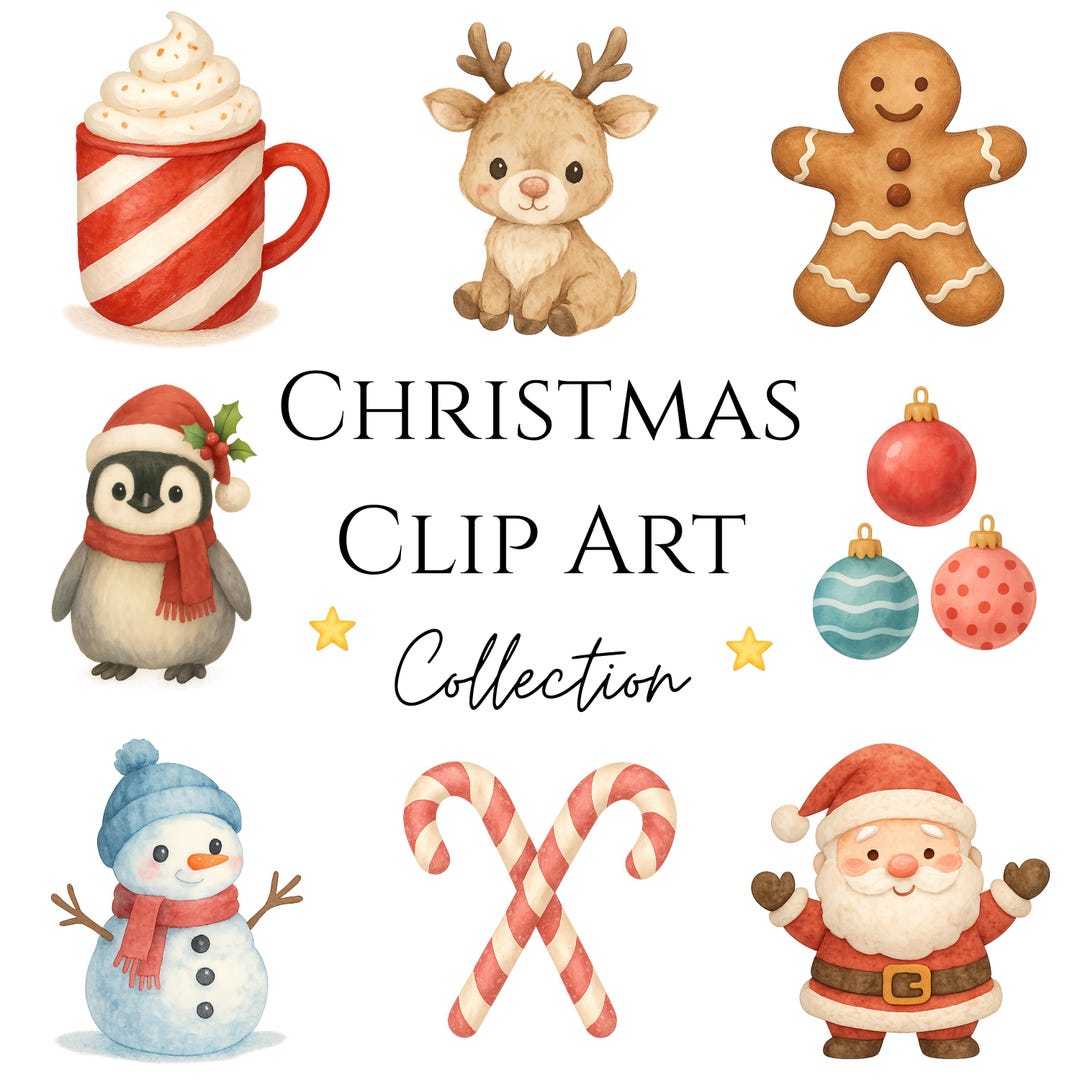 Cute Christmas Watercolor Clipart - 35 PNG | Santa Reindeer Snowman ...