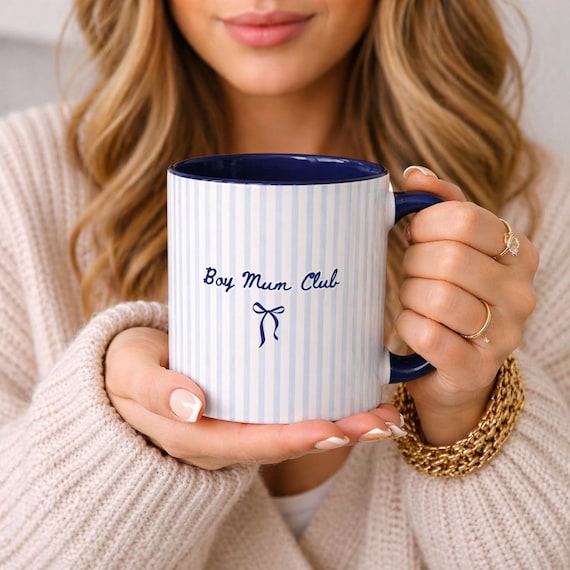 Boy Mum Club Ceramic Mug - New Boy Baby Shower Gift - Blue Stripe Coffee/Tea Cup