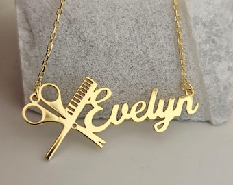 Personalized Hairdresser Necklace, Custom Scissor Name Necklace, 925 Sterling Silver Hairstylist Gift