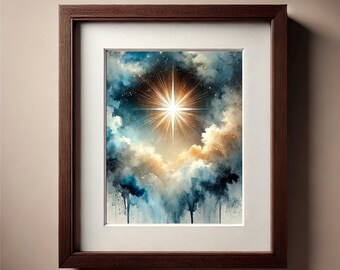 Könnte beinhalten: Ein gerahmter Kunstdruck mit einem hellen Stern, der Licht ausstrahlt. Das Kunstwerk zeigt Aquarellwolken in Blau-, Weiß- und Goldtönen. Der Rahmen ist dunkelbraun.