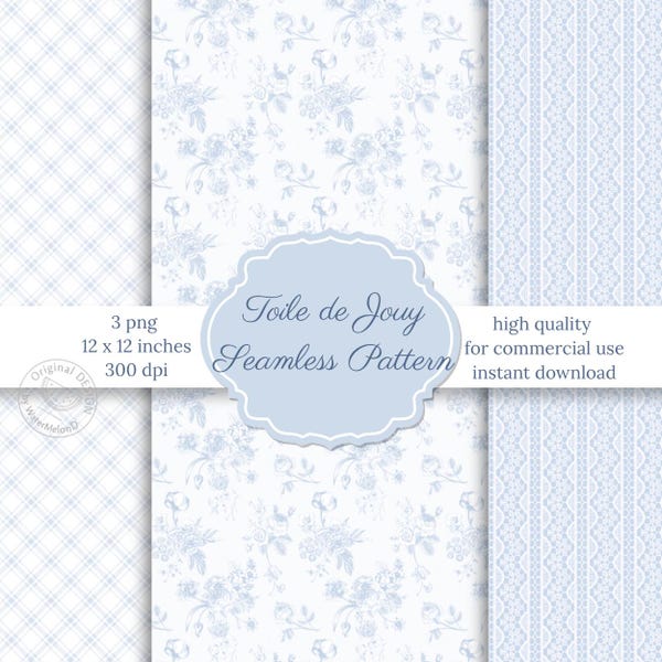 Pale Blue Toile & Lace Seamless Pattern Bundle｜Cottagecore Fabric Design｜Gingham Polka Dot Floral Plaid Digital Paper| Blue Porcelain