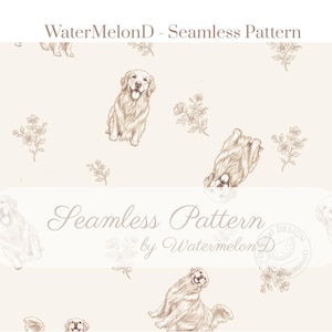 May include: Seamless pattern featuring illustrations of Golden Retrievers and floral accents in a soft beige color. The design includes various poses of the dogs and delicate flower sketches, creating a cohesive and charming aesthetic.