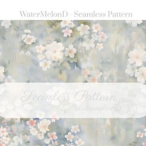 May include: A seamless floral pattern featuring white and pink flowers against a light blue and green backdrop. The text "WaterMelonD - Seamless Pattern" is at the top, and "Seamless Pattern by WatermelonD" is at the bottom.