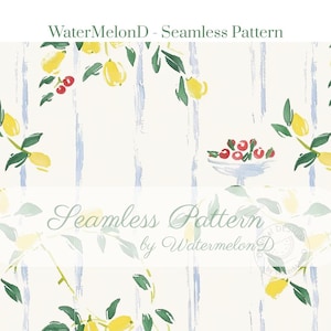 Könnte beinhalten: Nahtloses Musterdesign mit Zitronen, Kirschen und grünen Blättern auf weißem Hintergrund mit blauen vertikalen Streifen. Der Text "WaterMelonD - Seamless Pattern" und "Seamless Pattern by WatermelonD" sind sichtbar.