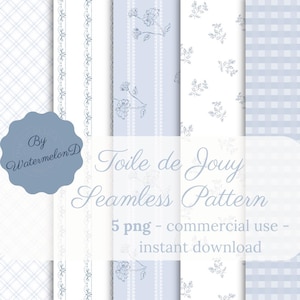 Può includere: Una collezione di motivi senza cuciture nei toni del blu e del bianco, con disegni floreali e geometrici. I motivi includono rametti floreali, strisce e un motivo a quadretti. Il testo "Toile de Jouy Seamless Pattern" è visualizzato.