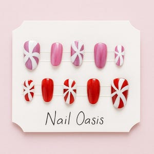 Peppermint Christmas Press On Nails | Red + Pink Holiday Nails | Candy Swirl Design | Gel X Style | Reusable | Custom Sizes | Nail Oasis