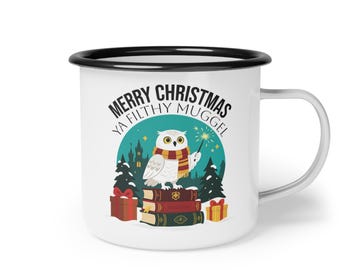 Merry Christmas Camp Cup, Funny Enamel Mug, Holiday Gift for Potter Fans, Unique Christmas Present, Cozy Winter Drinkware