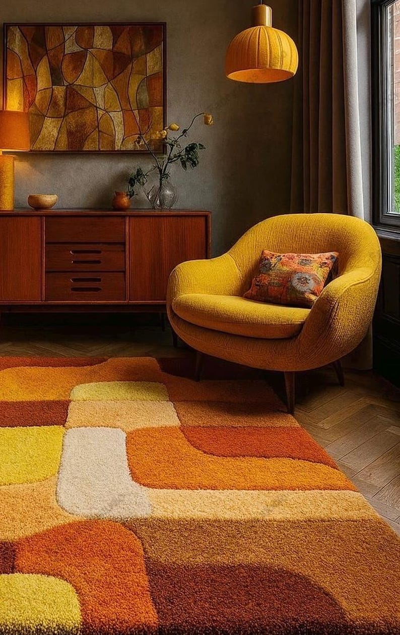 Retro Mid Century Shag Rug – 70s Geometric Orange Yellow Area Carpet ...