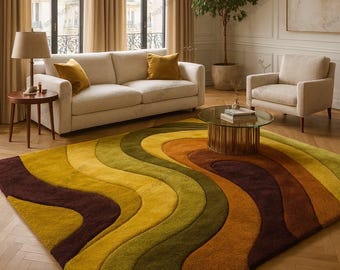 Dywan w stylu retro z lat 70., abstrakcyjny | Ręcznie robiony, kolorowy, wełniany dywan | Falisty wzór w stylu mid-century modern | Wystrój salonu w stylu boho | Dywan z modnymi motywami artystycznymi