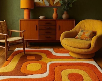 Retro Mid Century Shag Rug – 70s Geometric Orange Yellow Area Carpet, Vintage Plush Floor Mat for Living Room & Boho Decor