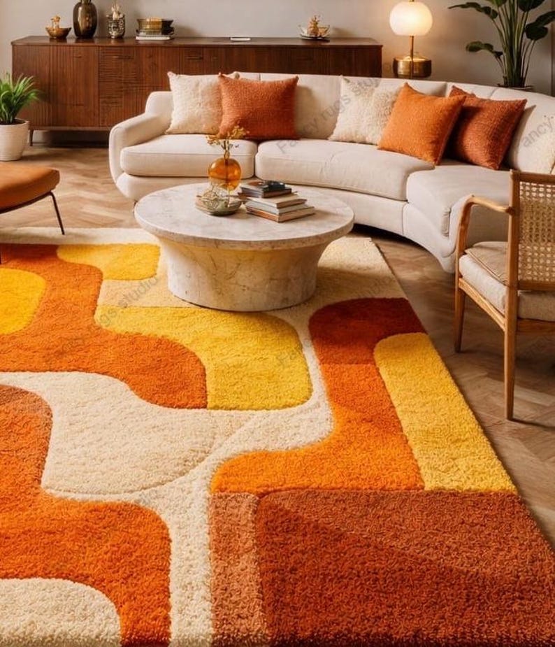 Retro Mid Century Shag Rug – 70s Geometric Orange Yellow Area Carpet ...