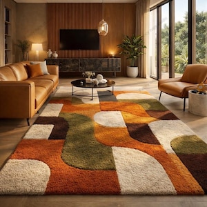 Geometric Area Rug, Olive Mustard Rust Colorblock, Mid-Century Modern Rug, 9x12 Handmade Tufted Carpet, Contemporary Living Room Decor