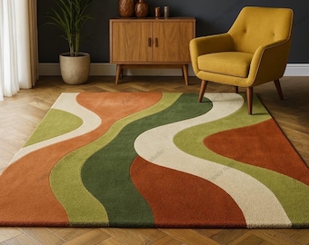 Dywan w stylu retro z lat 70., abstrakcyjny | Ręcznie robiony, kolorowy, wełniany dywan | Falisty wzór w stylu mid-century modern | Wystrój salonu w stylu boho | Dywan z modnymi motywami artystycznymi