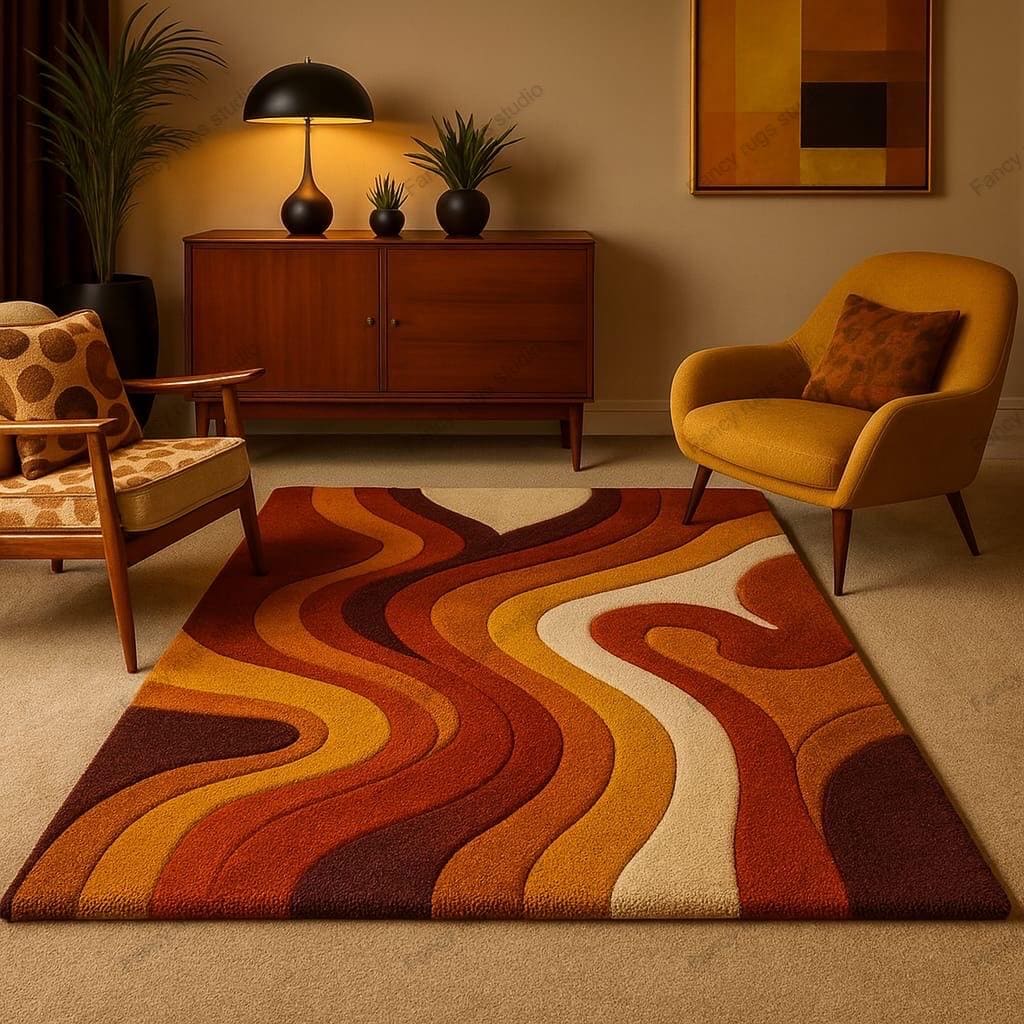 Retro Mid Century Shag Rug – 70s Geometric Orange Yellow Area Carpet ...