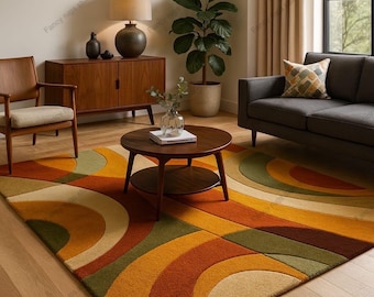Dywan w stylu retro z lat 70., abstrakcyjny | Ręcznie robiony, kolorowy, wełniany dywan | Falisty wzór w stylu mid-century modern | Wystrój salonu w stylu boho | Dywan z modnymi motywami artystycznymi
