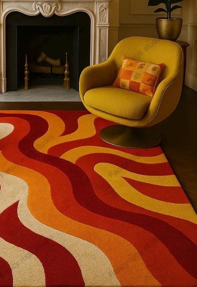 Retro Mid Century Shag Rug – 70s Geometric Orange Yellow Area Carpet ...